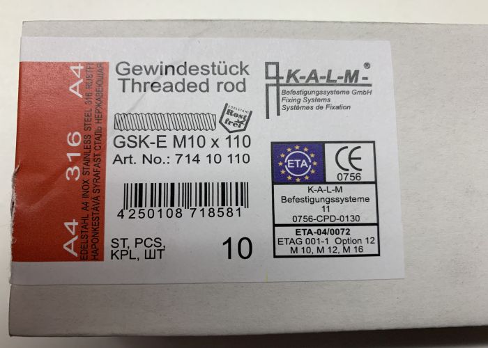 KALM Verbundanker Ankerstangen Gewindestücke M10 x 110 A4 GSK-E VPE 10 Stück