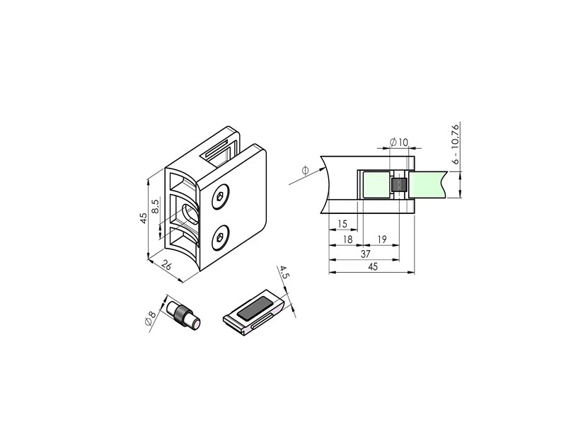 Edelstahl Glashalter Ø42,4, 45 x 45  Glasklemme 8,76 Klemmhalter Eckig V2A m. Sicherung