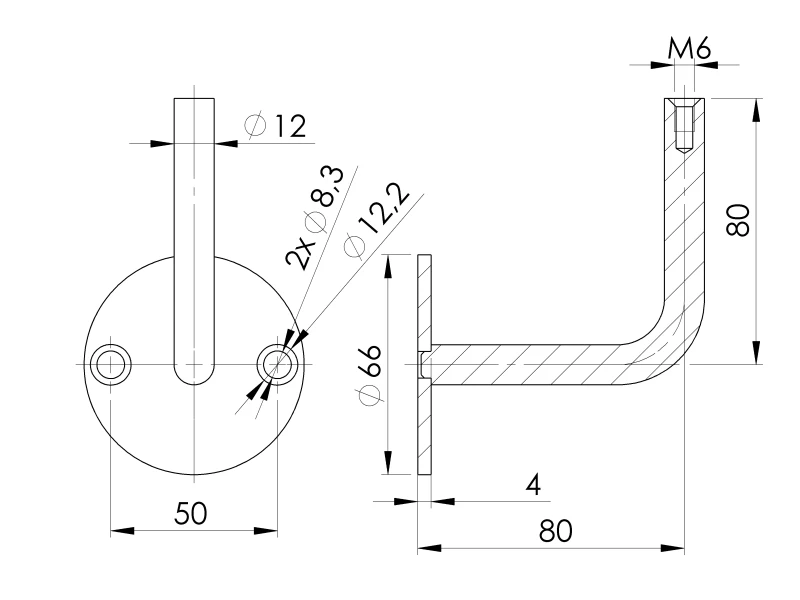 Handlaufhalter-Wand D = 42,4 Ronde D = 66 2 x Bohrung 8,3 mit Kugelring für Rohr Ø42,4