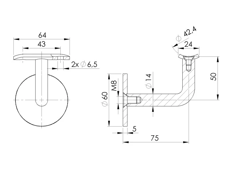 Handlaufhalter-Wand D = 42,4 Ronde D = 60 Anschraubplatte für Rohr Ø42,4