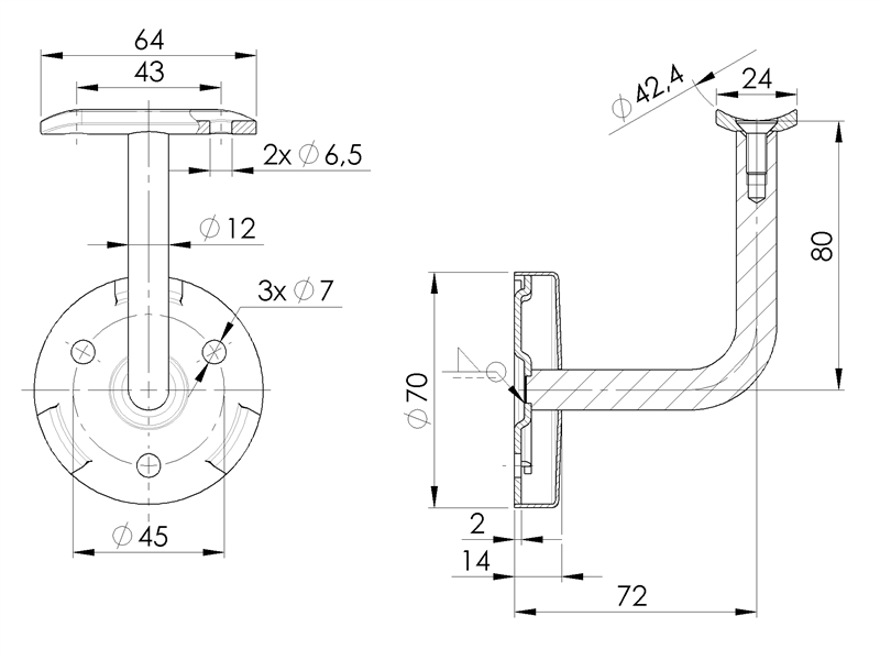 Handlaufhalter-Wand D = 42,4 Ronde D = 70 Anschraubplatte für Rohr Ø42,4