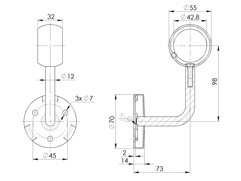 Handlaufhalter-Wand D = 42,4 Ronde D = 70 mit Kugelring für Rohr Ø42,4