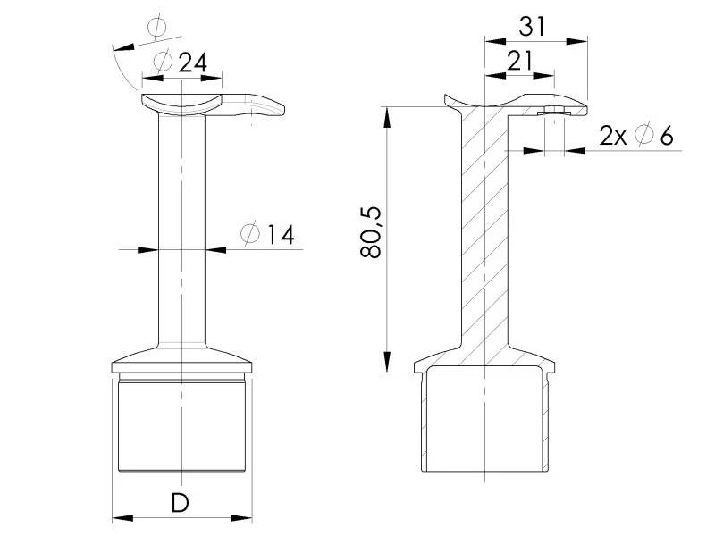 Handlaufstütze -STARR- Edelstahl V2A, Handlaufträger 42 x 2 90°