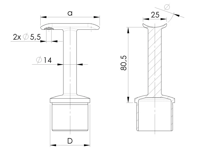 Handlaufstütze -STARR- Edelstahl V2A, Handlaufträger Ø42 x 2